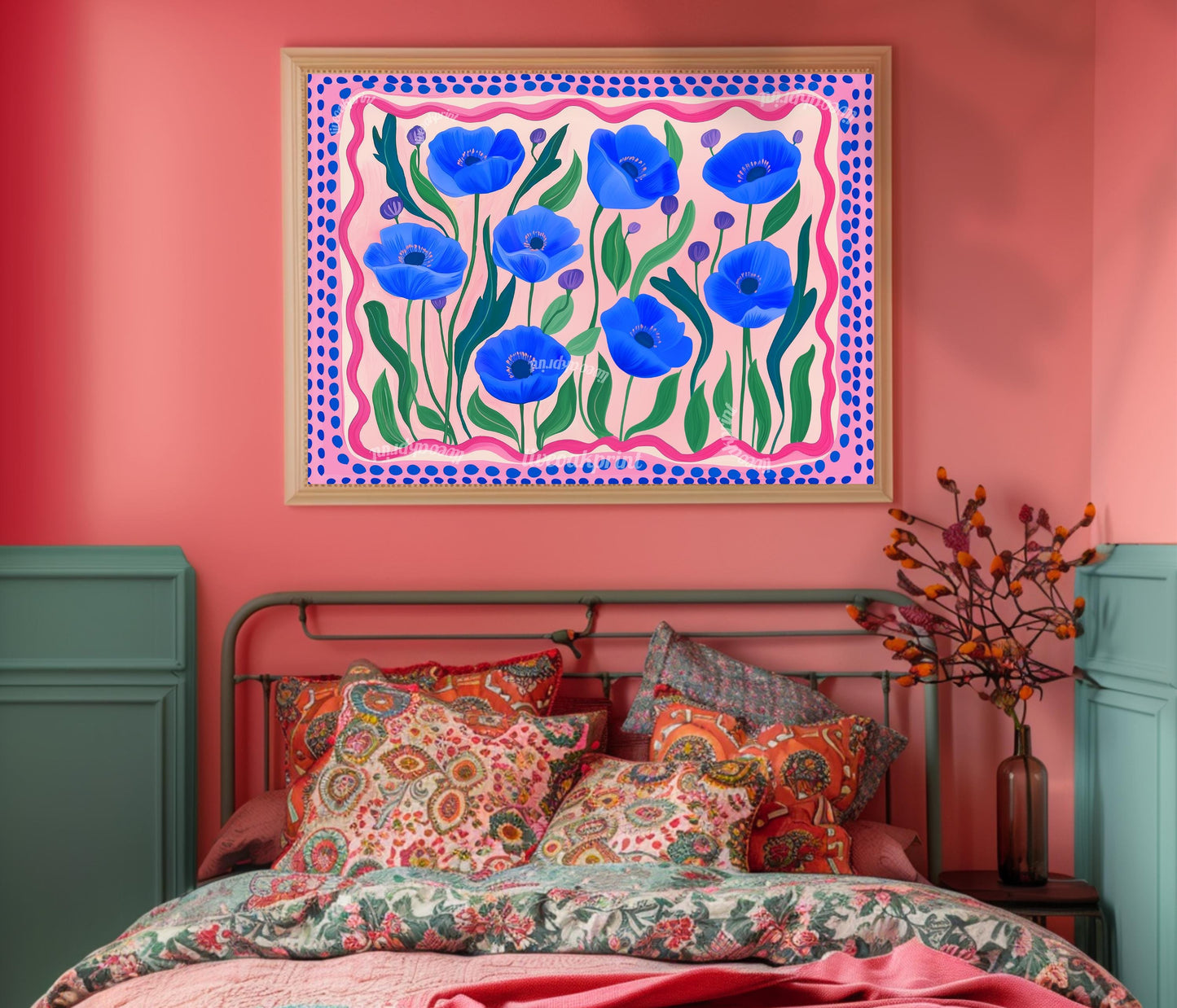 Horizontal Wall Art Blue and Pink Poppies - Colorful Landscape Print Over The Bed or Couch