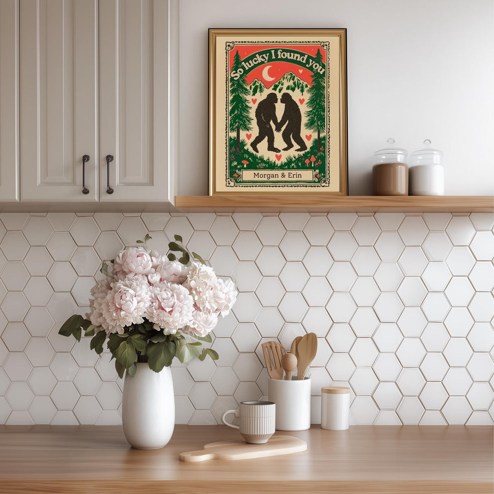Personalized Bigfoot Couple Art Print – Custom Name Gift for Outdoorsy Couples Anniversary Decor PNW Gift