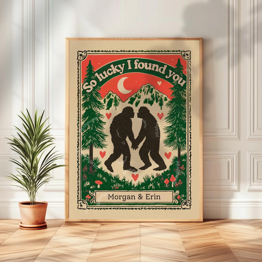 Personalized Bigfoot Couple Art Print – Custom Name Gift for Outdoorsy Couples Anniversary Decor PNW Gift