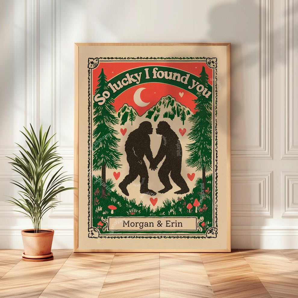 Personalized Bigfoot Couple Art Print – Custom Name Gift for Outdoorsy Couples Anniversary Decor PNW Gift