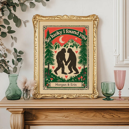 Personalized Bigfoot Couple Art Print – Custom Name Gift for Outdoorsy Couples Anniversary Decor PNW Gift
