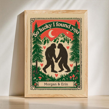 Personalized Bigfoot Couple Art Print – Custom Name Gift for Outdoorsy Couples Anniversary Decor PNW Gift