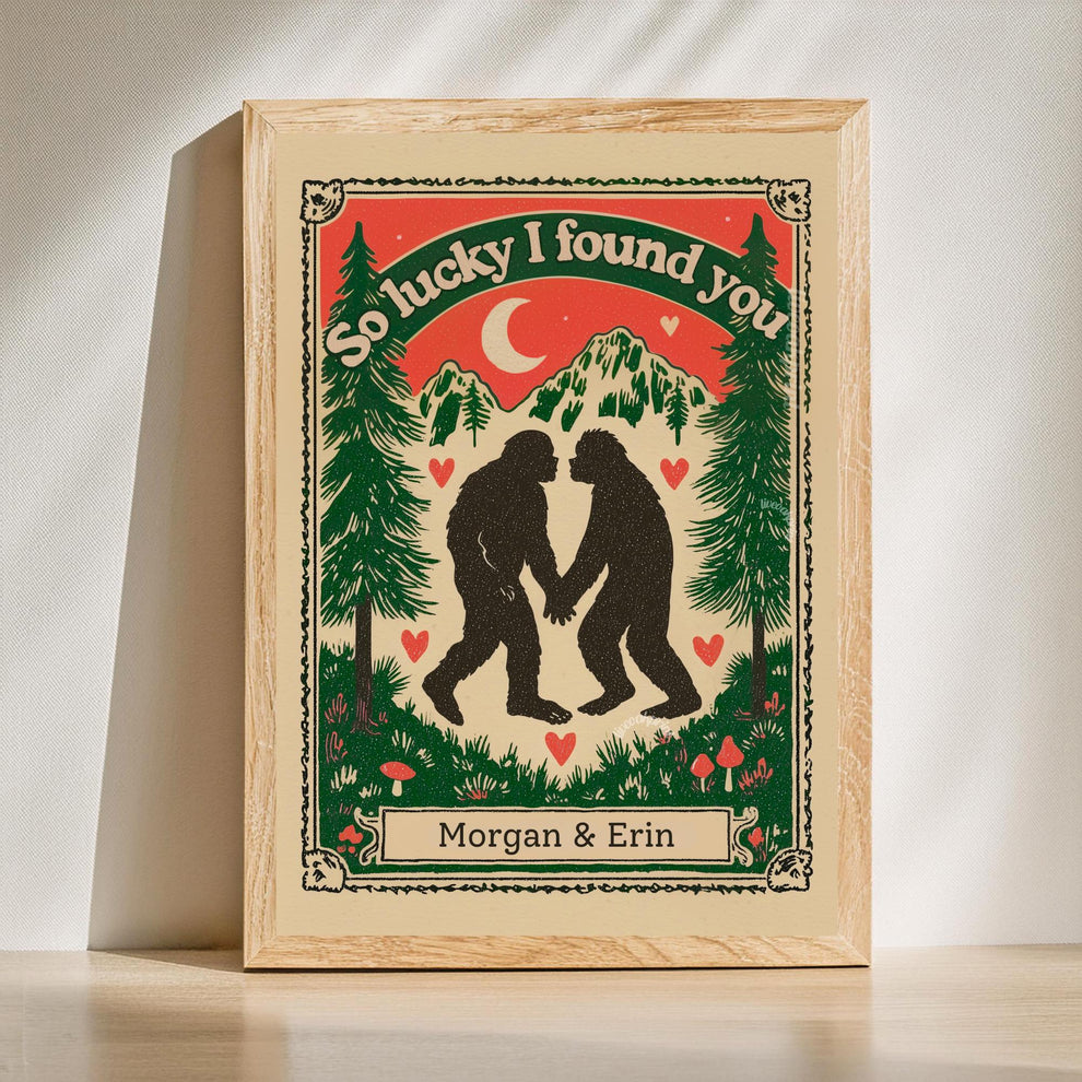 Personalized Bigfoot Couple Art Print – Custom Name Gift for Outdoorsy Couples Anniversary Decor PNW Gift