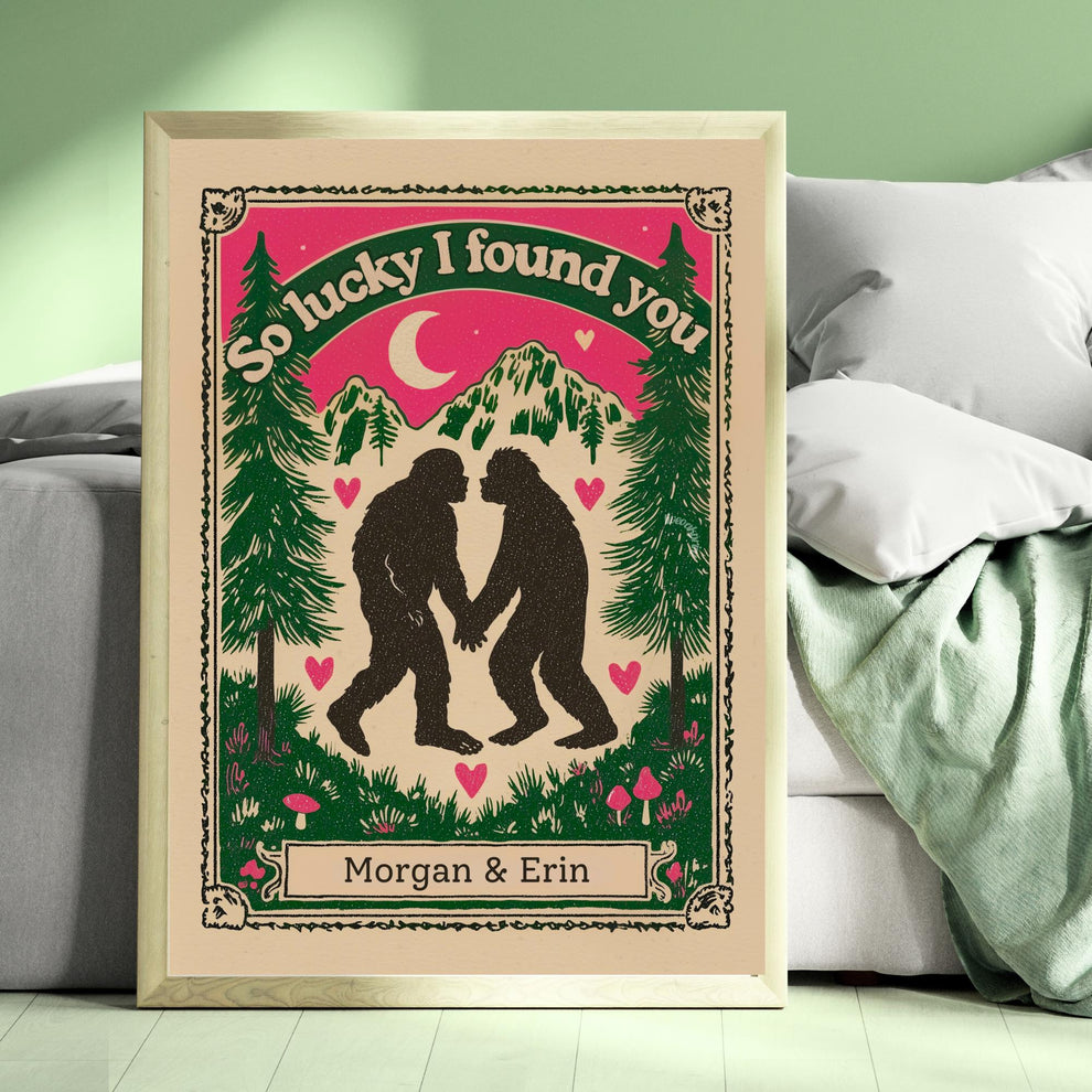 Personalized Bigfoot Couple Art Print – Custom Name Gift for Outdoorsy Couples Anniversary Decor PNW Gift