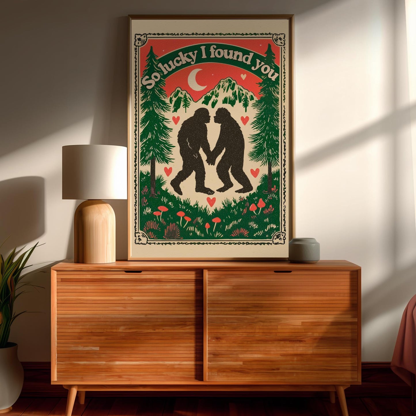 Bigfoot Wall Art - Bigfoot Valentine's Day Gift Sasquatch Wall Decor PNW Gift Ideas Romantic Couple Print