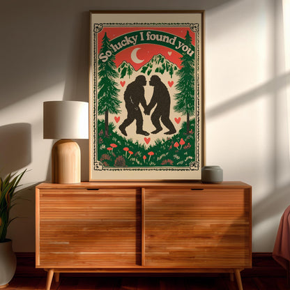 Bigfoot Wall Art - Bigfoot Valentine's Day Gift Sasquatch Wall Decor PNW Gift Ideas Romantic Couple Print