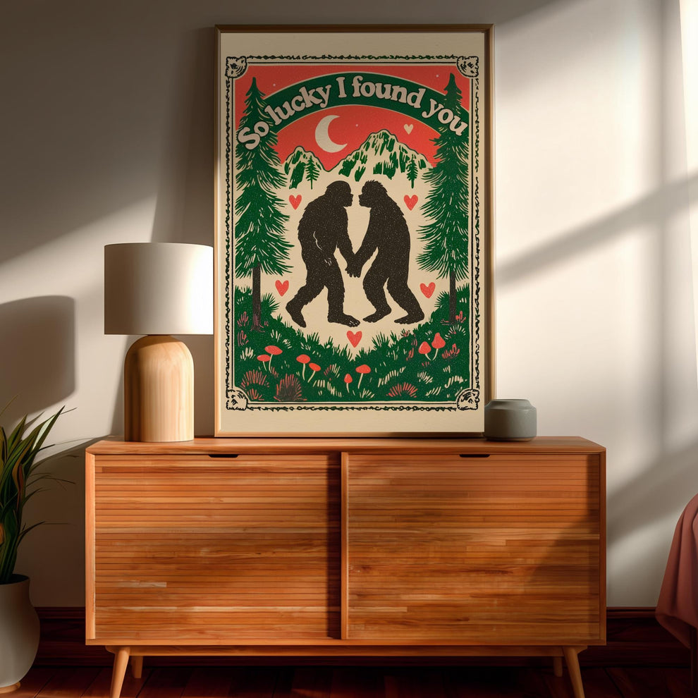 Bigfoot Wall Art - Bigfoot Valentine's Day Gift Sasquatch Wall Decor PNW Gift Ideas Romantic Couple Print