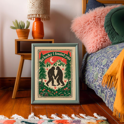 Bigfoot Wall Art - Bigfoot Valentine's Day Gift Sasquatch Wall Decor PNW Gift Ideas Romantic Couple Print