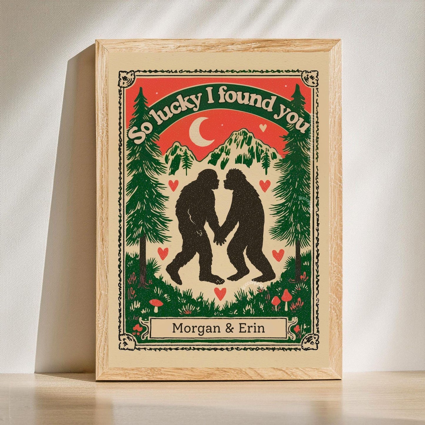 Personalized Bigfoot Couple Art Print – Custom Name Gift for Outdoorsy Couples Anniversary Decor PNW Gift