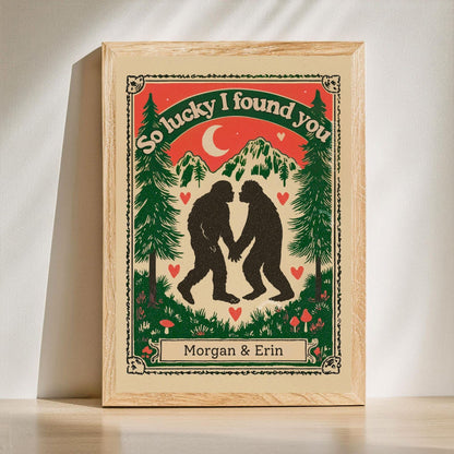 Personalized Bigfoot Couple Art Print – Custom Name Gift for Outdoorsy Couples Anniversary Decor PNW Gift