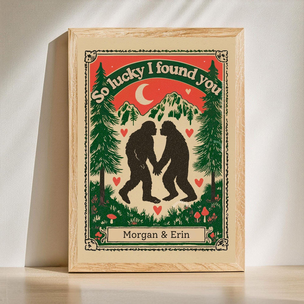 Personalized Bigfoot Couple Art Print – Custom Name Gift for Outdoorsy Couples Anniversary Decor PNW Gift