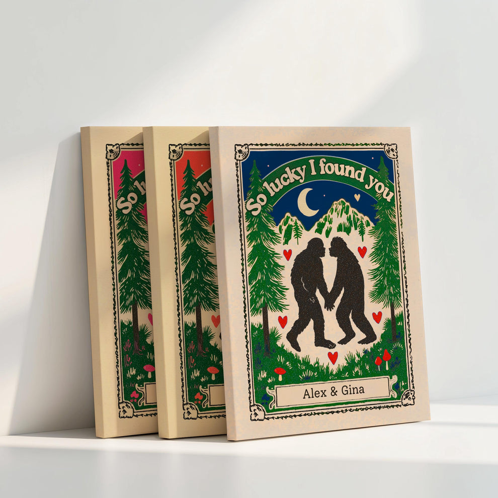 Personalized Bigfoot Couple Art Print – Custom Name Gift for Outdoorsy Couples Anniversary Decor PNW Gift