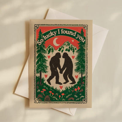 Funny Bigfoot Valentine Cards – Retro Cryptid Love Notes “So Lucky I Found You” – Sasquatch Gift for Him or Her PNW