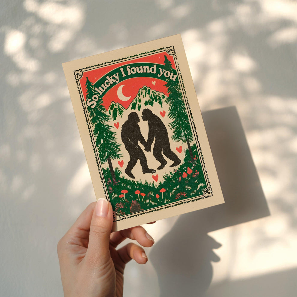 Funny Bigfoot Valentine Cards – Retro Cryptid Love Notes “So Lucky I Found You” – Sasquatch Gift for Him or Her PNW