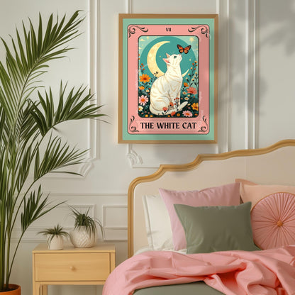 The White Cat Tarot Card Art Print – Funky Cat Wall Decor White Cat Gift Living Room Decor