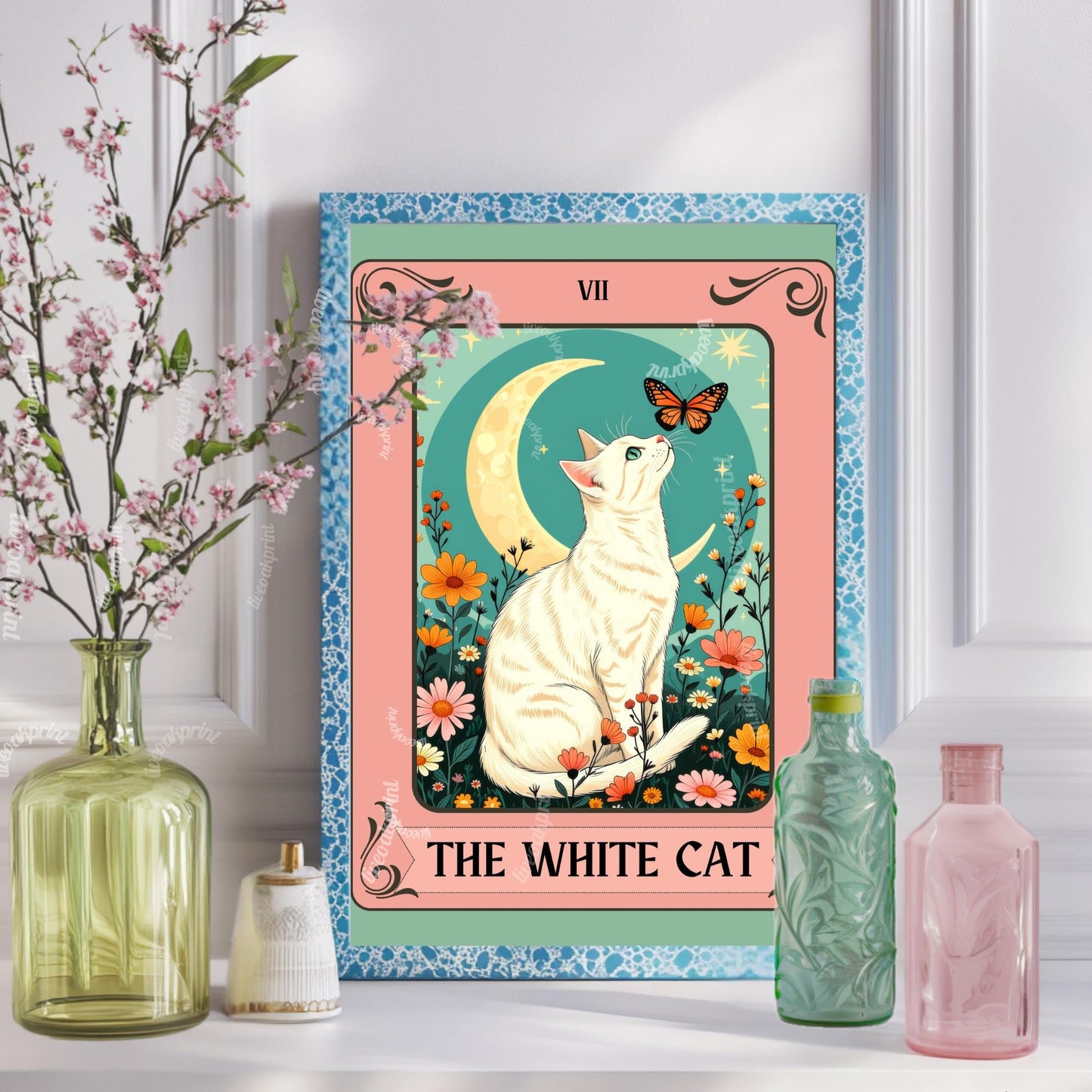The White Cat Tarot Card Art Print – Funky Cat Wall Decor White Cat Gift Living Room Decor