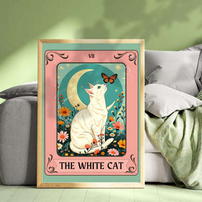 The White Cat Tarot Card Art Print – Funky Cat Wall Decor White Cat Gift Living Room Decor
