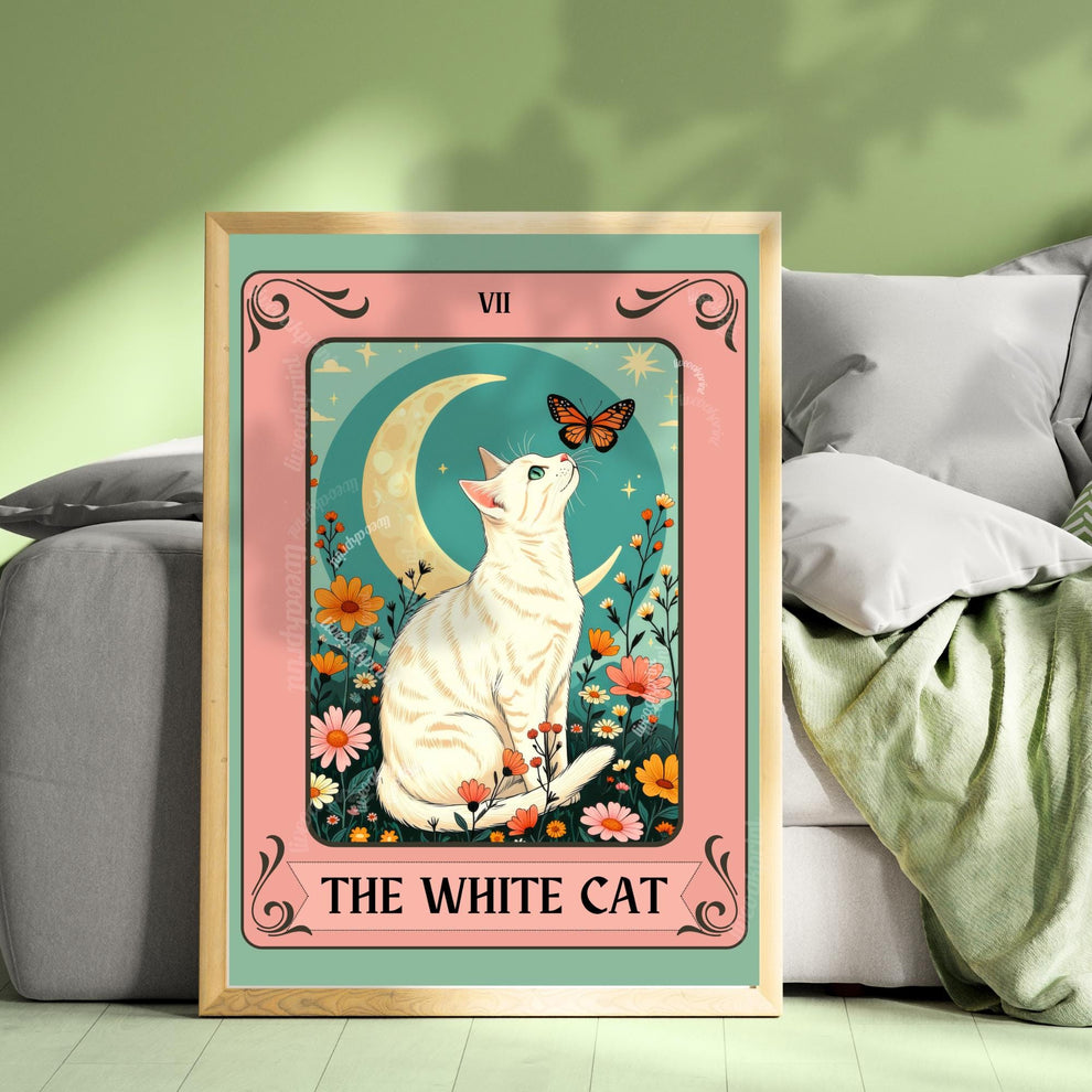 The White Cat Tarot Card Art Print – Funky Cat Wall Decor White Cat Gift Living Room Decor