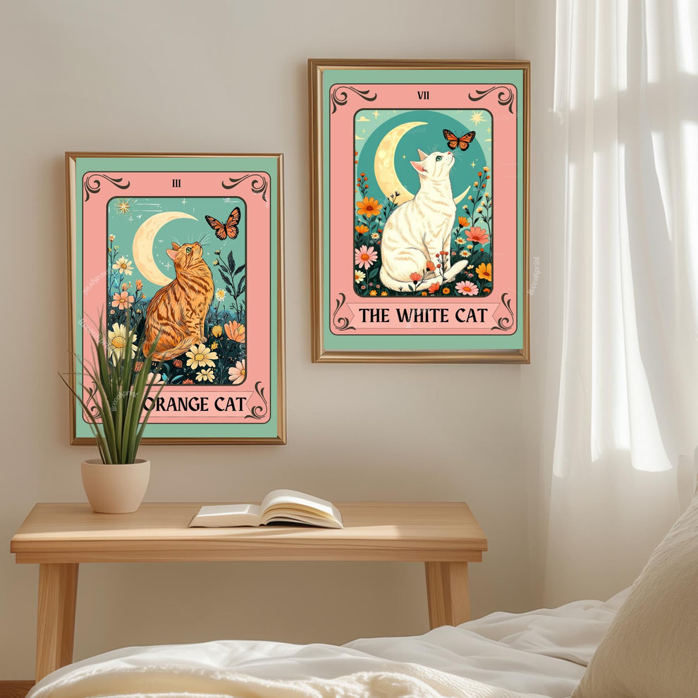 The White Cat Tarot Card Art Print – Funky Cat Wall Decor White Cat Gift Living Room Decor