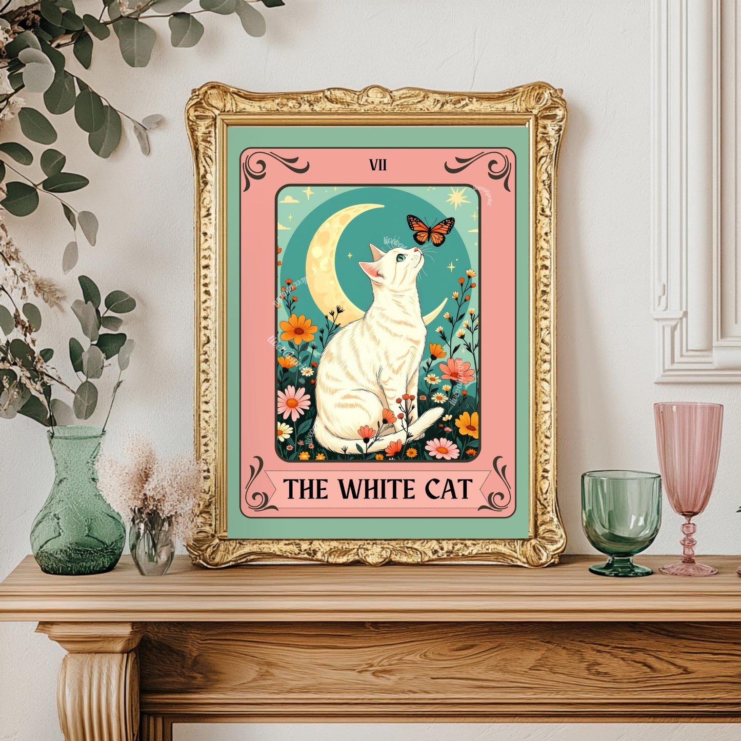 The White Cat Tarot Card Art Print – Funky Cat Wall Decor White Cat Gift Living Room Decor