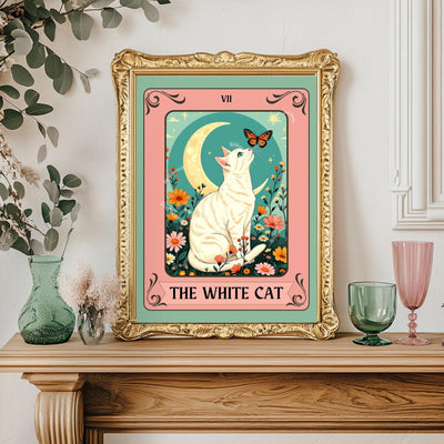 The White Cat Tarot Card Art Print – Funky Cat Wall Decor White Cat Gift Living Room Decor