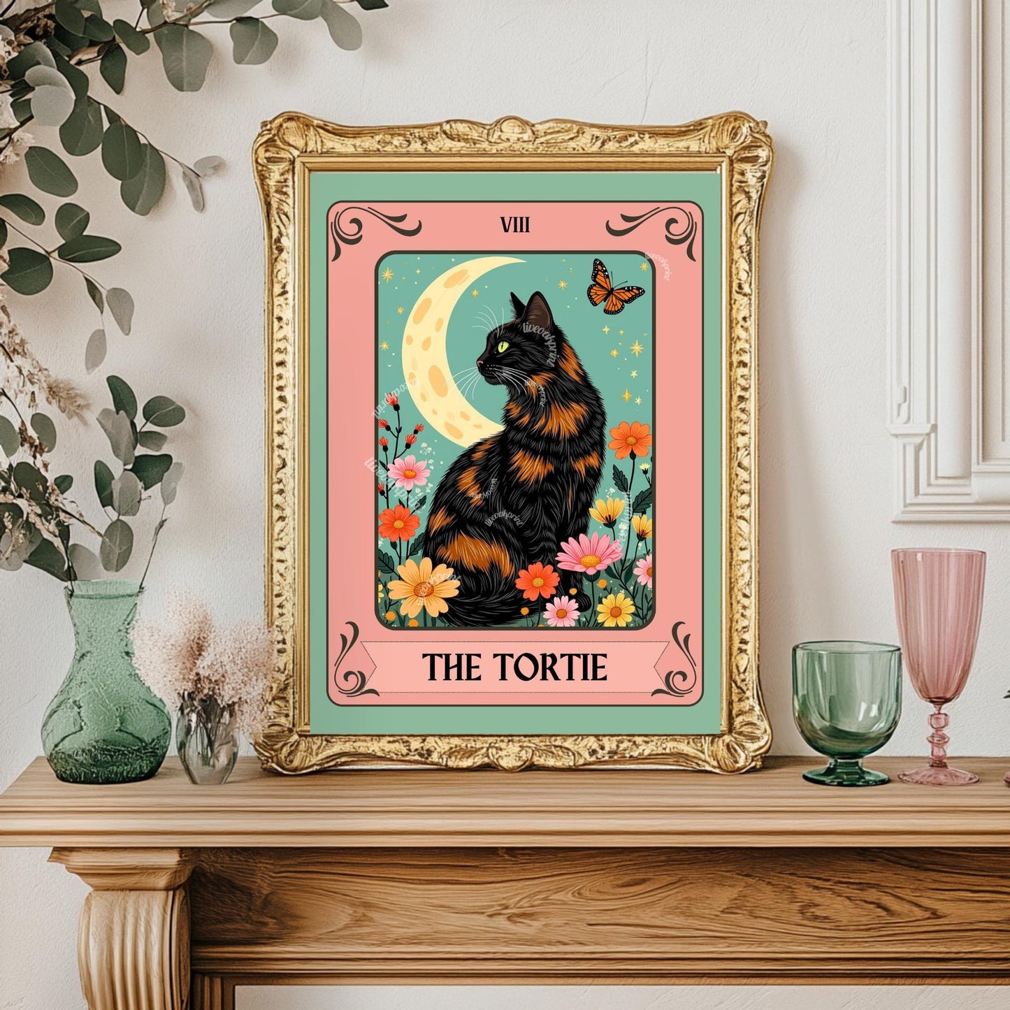 The Tortie Tarot Card - Tortoiseshell Cat Wall Decor Tortie Cat Gift Ideas Witchy Cat Wall Decor Cat Moon Print