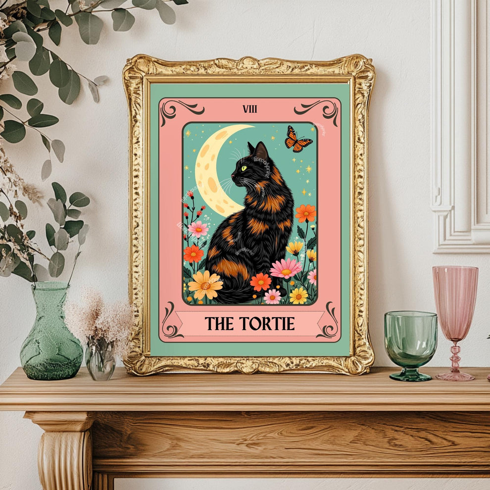 The Tortie Tarot Card - Tortoiseshell Cat Wall Decor Tortie Cat Gift Ideas Witchy Cat Wall Decor Cat Moon Print