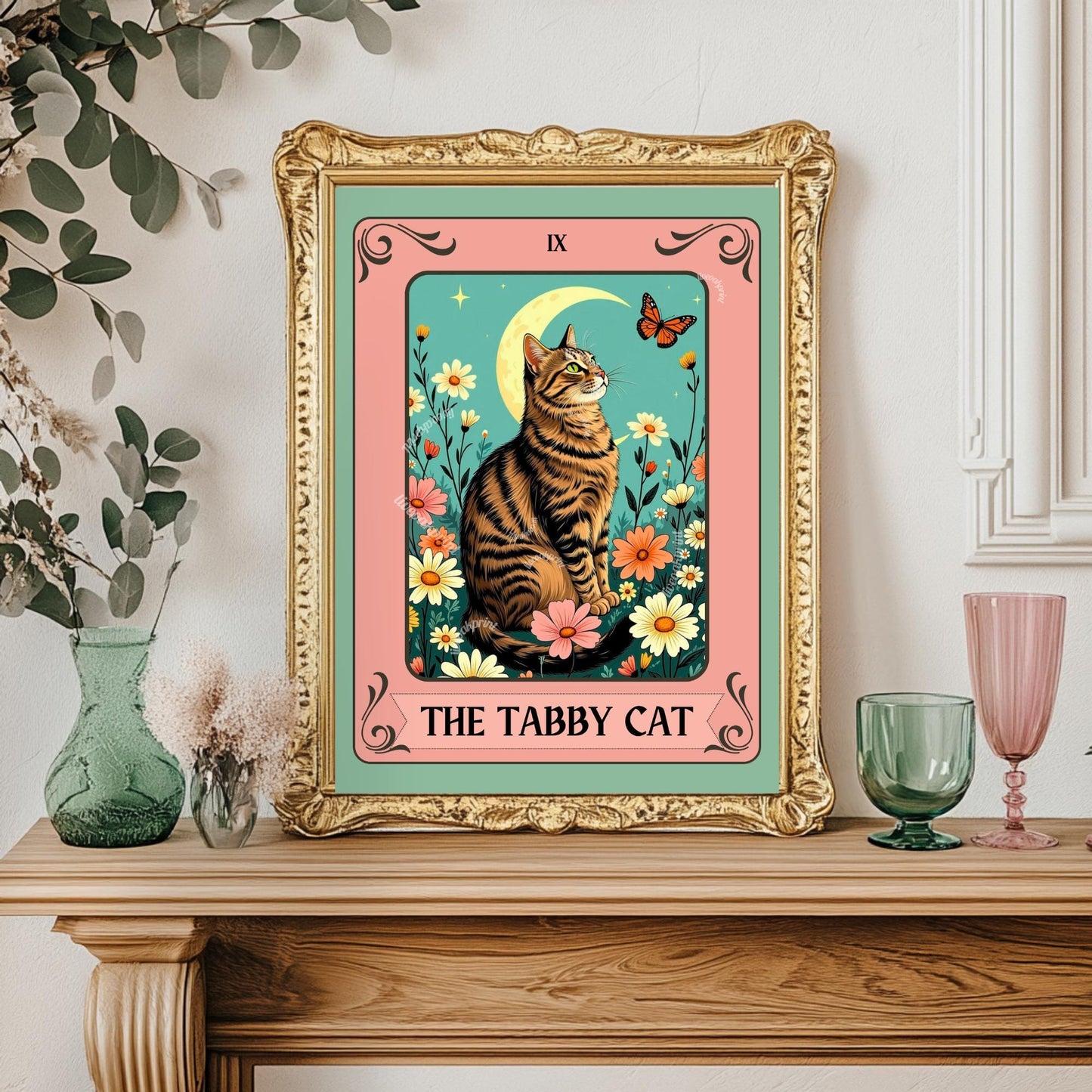 Tabby Cat Tarot Card Art Print - Brown Cat Wall Decor Cat Lover Gift Tabby Cat Artwork Boho Witchy Cat Art