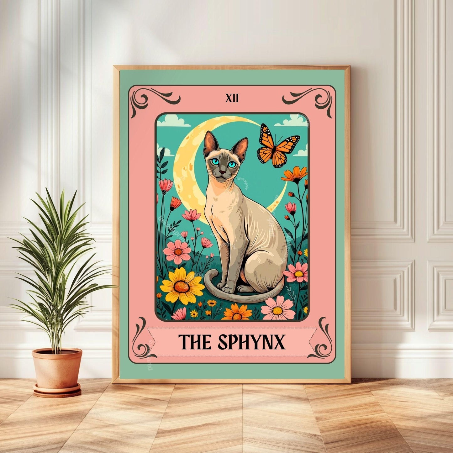 Sphynx Cat Tarot Card Art Print – Funky Cat Wall Decor Hairless Cat Gift Cat Moon Print