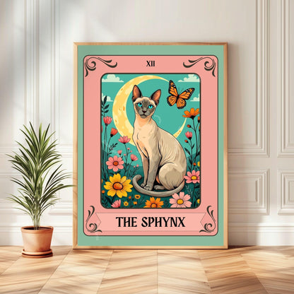 Sphynx Cat Tarot Card Art Print – Funky Cat Wall Decor Hairless Cat Gift Cat Moon Print