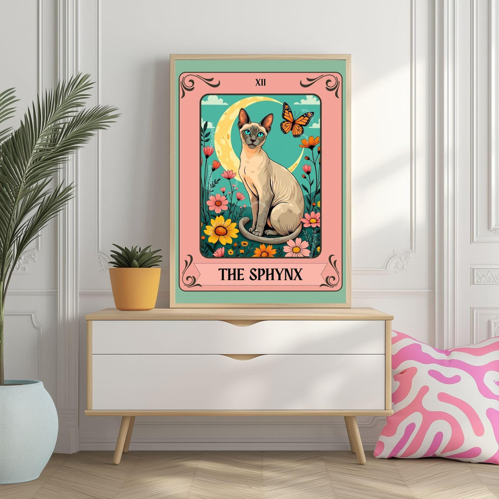 Sphynx Cat Tarot Card Art Print – Funky Cat Wall Decor Hairless Cat Gift Cat Moon Print