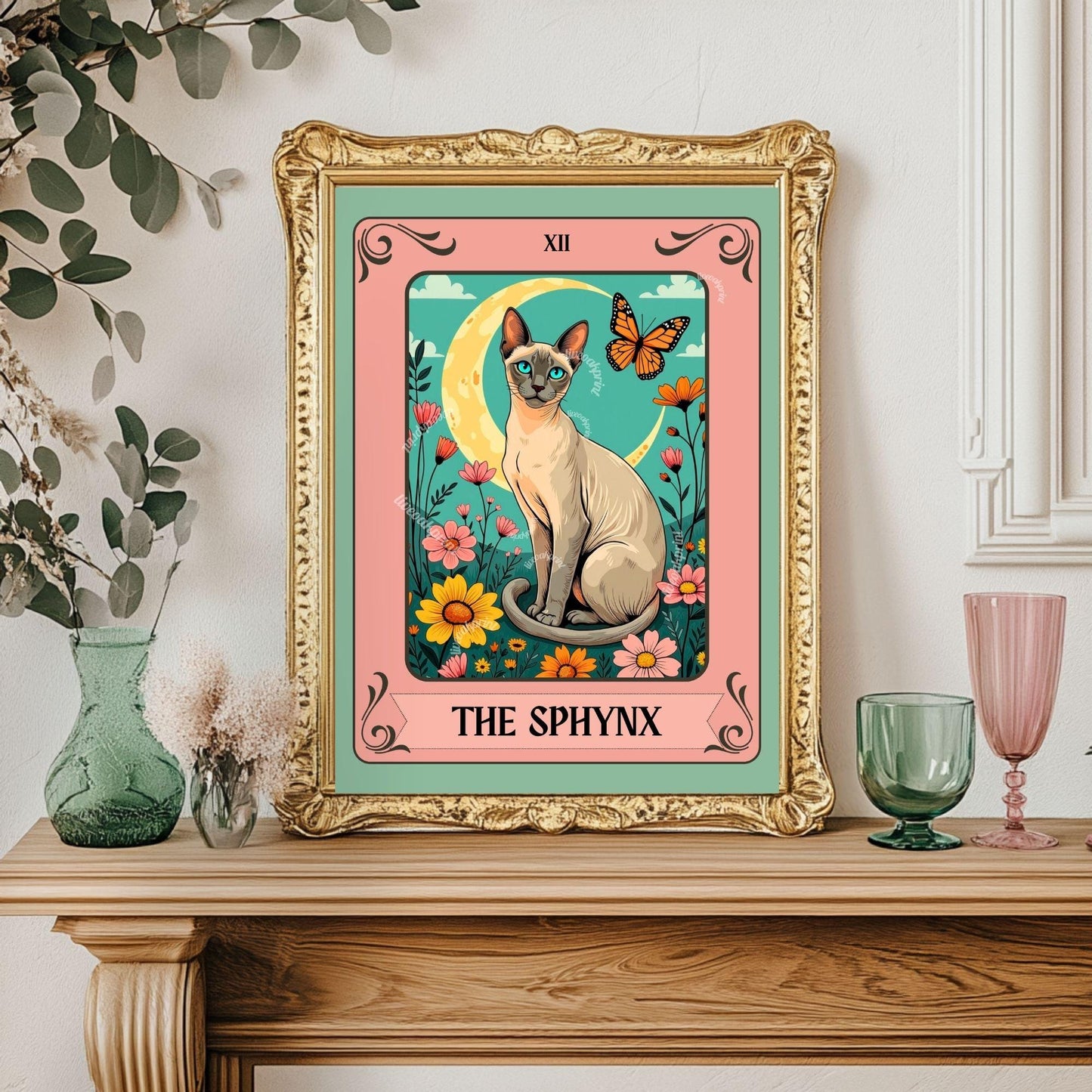 Sphynx Cat Tarot Card Art Print – Funky Cat Wall Decor Hairless Cat Gift Cat Moon Print