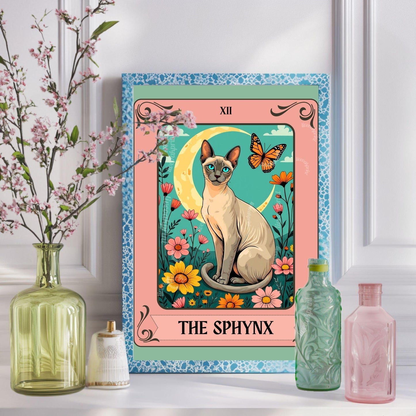 Sphynx Cat Tarot Card Art Print – Funky Cat Wall Decor Hairless Cat Gift Cat Moon Print