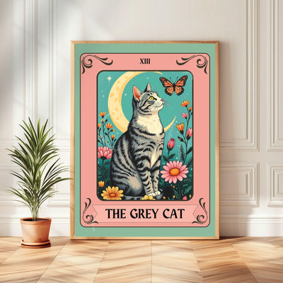 The Gray Cat Tarot Card (Gray and White Cat) – White and Gray Cat Wall Decor Witchy Botanical Cat Poster Boho Cat Lover Gift Gray Cat Gift
