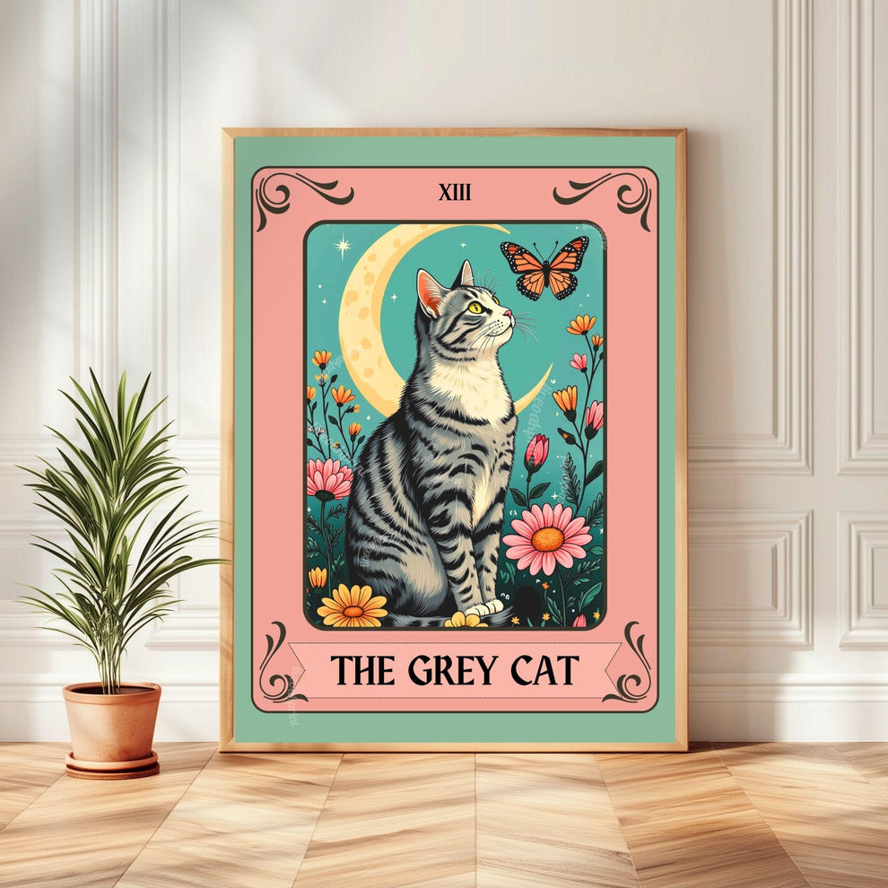 The Gray Cat Tarot Card (Gray and White Cat) – White and Gray Cat Wall Decor Witchy Botanical Cat Poster Boho Cat Lover Gift Gray Cat Gift