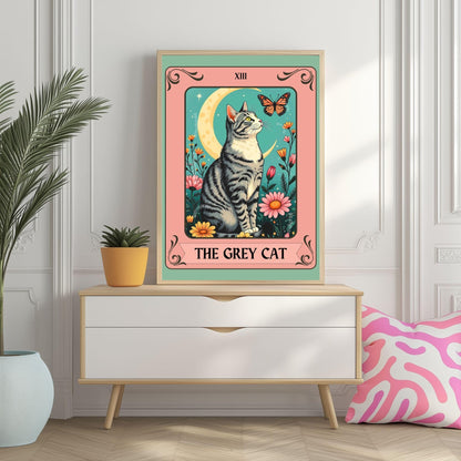 The Gray Cat Tarot Card (Gray and White Cat) – White and Gray Cat Wall Decor Witchy Botanical Cat Poster Boho Cat Lover Gift Gray Cat Gift