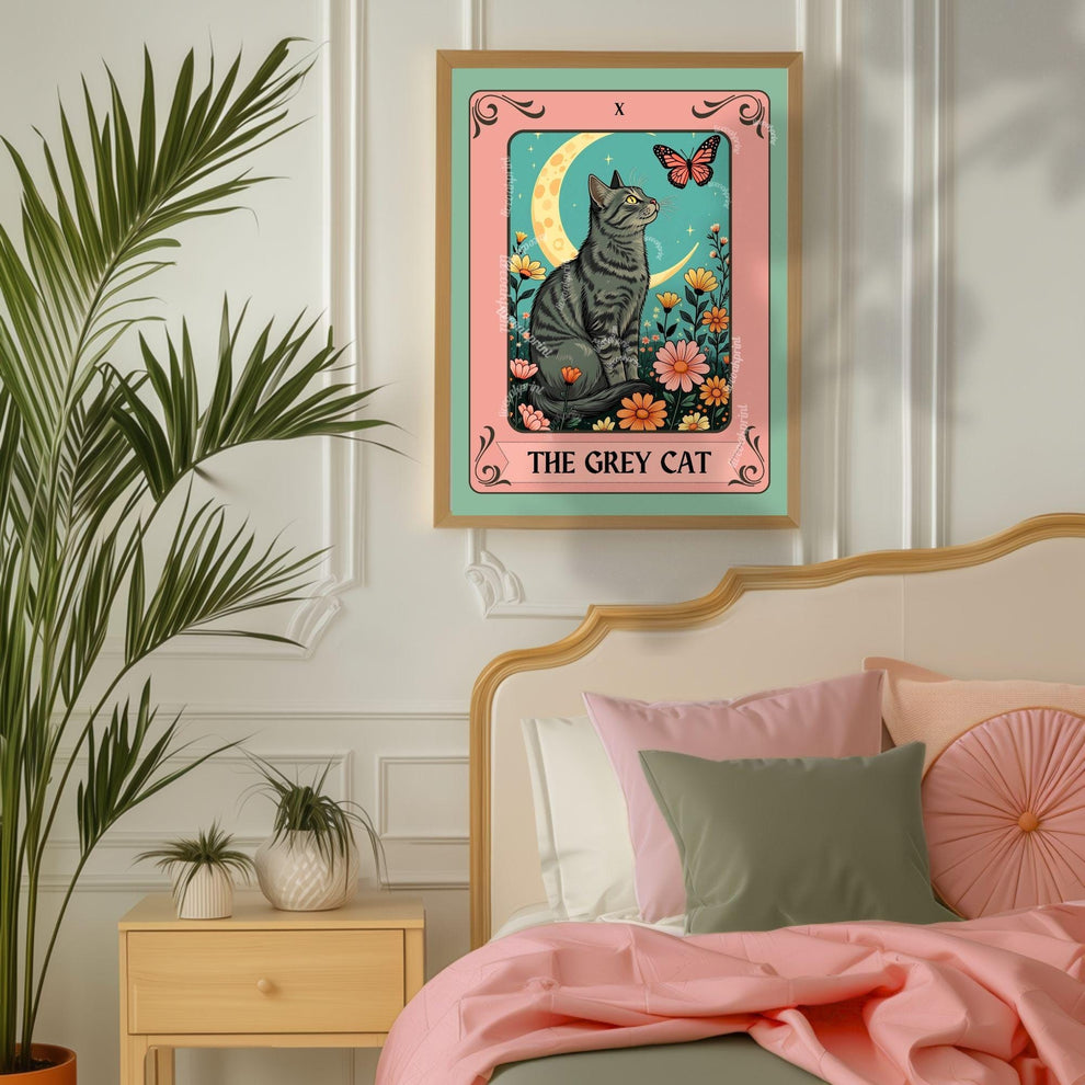 The Grey Cat Tarot Card – Dark Gray Cat Wall Decor Witchy Botanical Cat Poster Boho Cat Lover Gift Gray Cat Gift