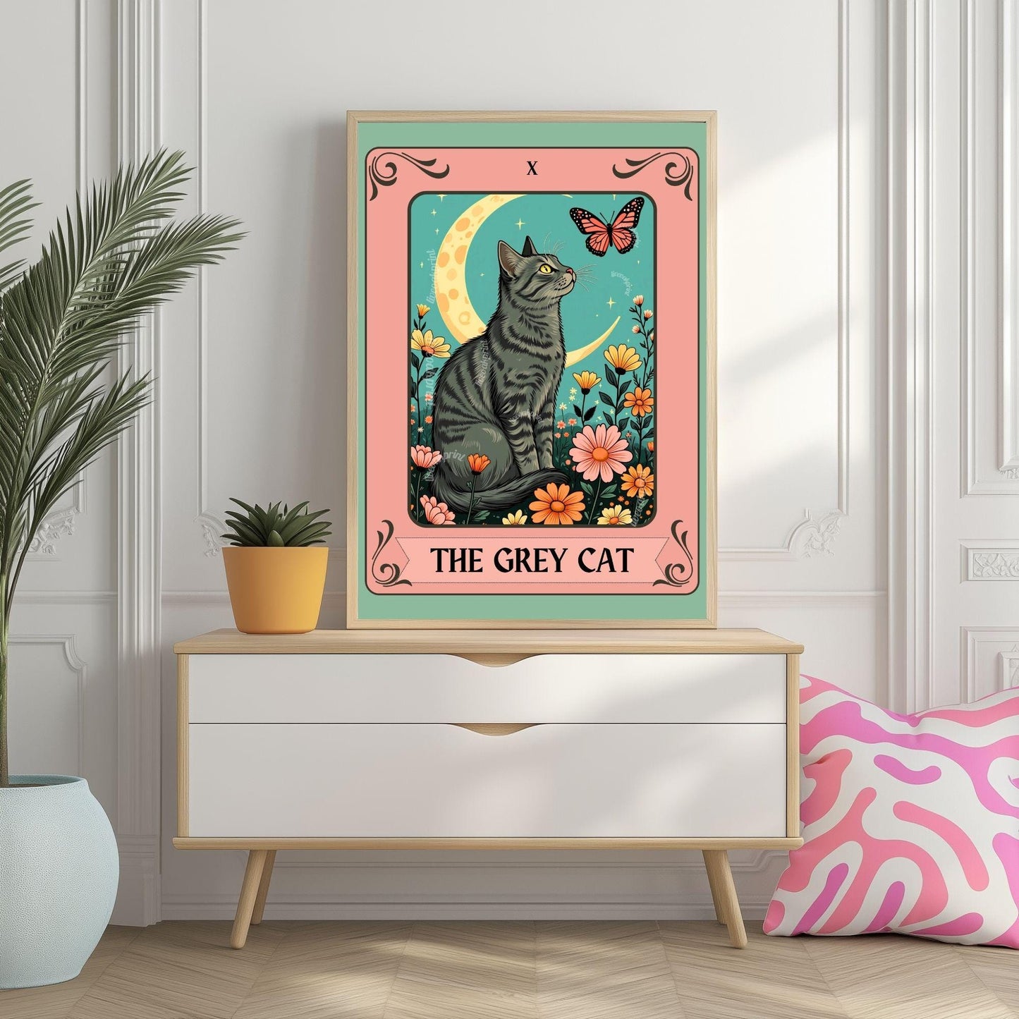 The Grey Cat Tarot Card – Dark Gray Cat Wall Decor Witchy Botanical Cat Poster Boho Cat Lover Gift Gray Cat Gift