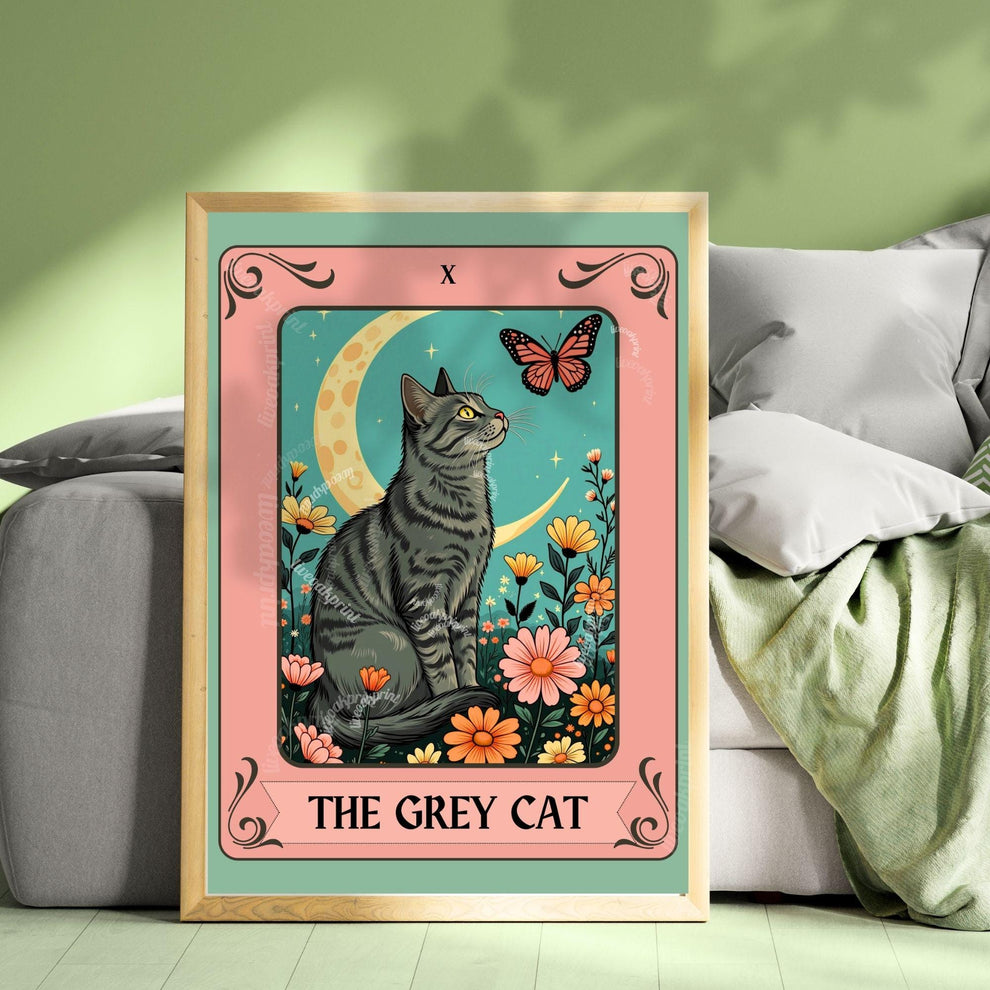 The Grey Cat Tarot Card – Dark Gray Cat Wall Decor Witchy Botanical Cat Poster Boho Cat Lover Gift Gray Cat Gift