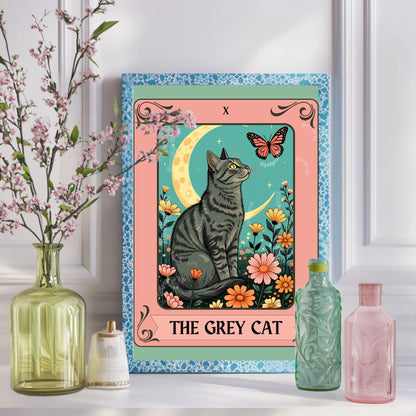The Grey Cat Tarot Card – Dark Gray Cat Wall Decor Witchy Botanical Cat Poster Boho Cat Lover Gift Gray Cat Gift