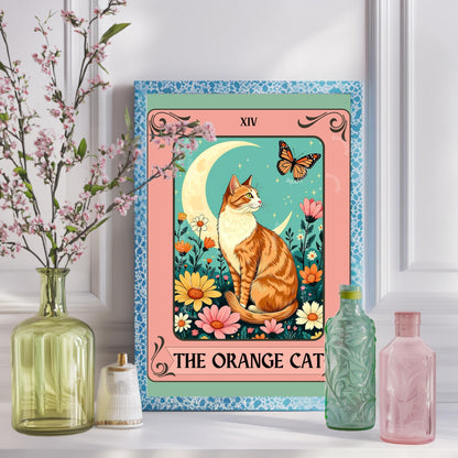 Orange Cat Art Print (Orange and White Version) – Ginger Cat Wall Decor Witchy Botanical Cat White and Orange Cat Marmaleade Cat Gift