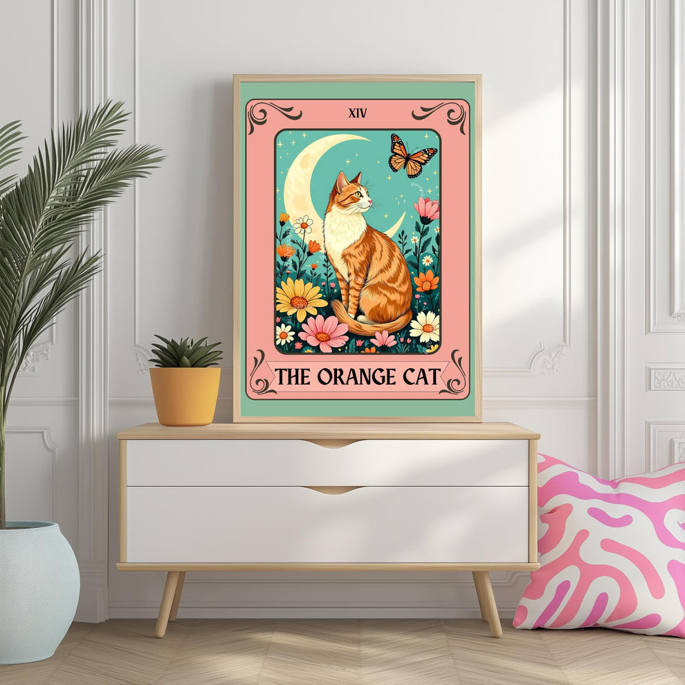 Orange Cat Art Print (Orange and White Version) – Ginger Cat Wall Decor Witchy Botanical Cat White and Orange Cat Marmaleade Cat Gift