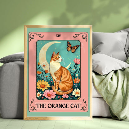Orange Cat Art Print (Orange and White Version) – Ginger Cat Wall Decor Witchy Botanical Cat White and Orange Cat Marmaleade Cat Gift