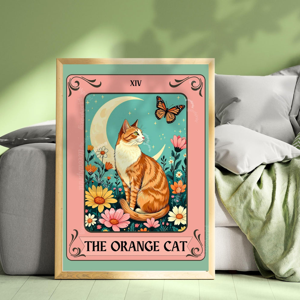 Orange Cat Art Print (Orange and White Version) – Ginger Cat Wall Decor Witchy Botanical Cat White and Orange Cat Marmaleade Cat Gift