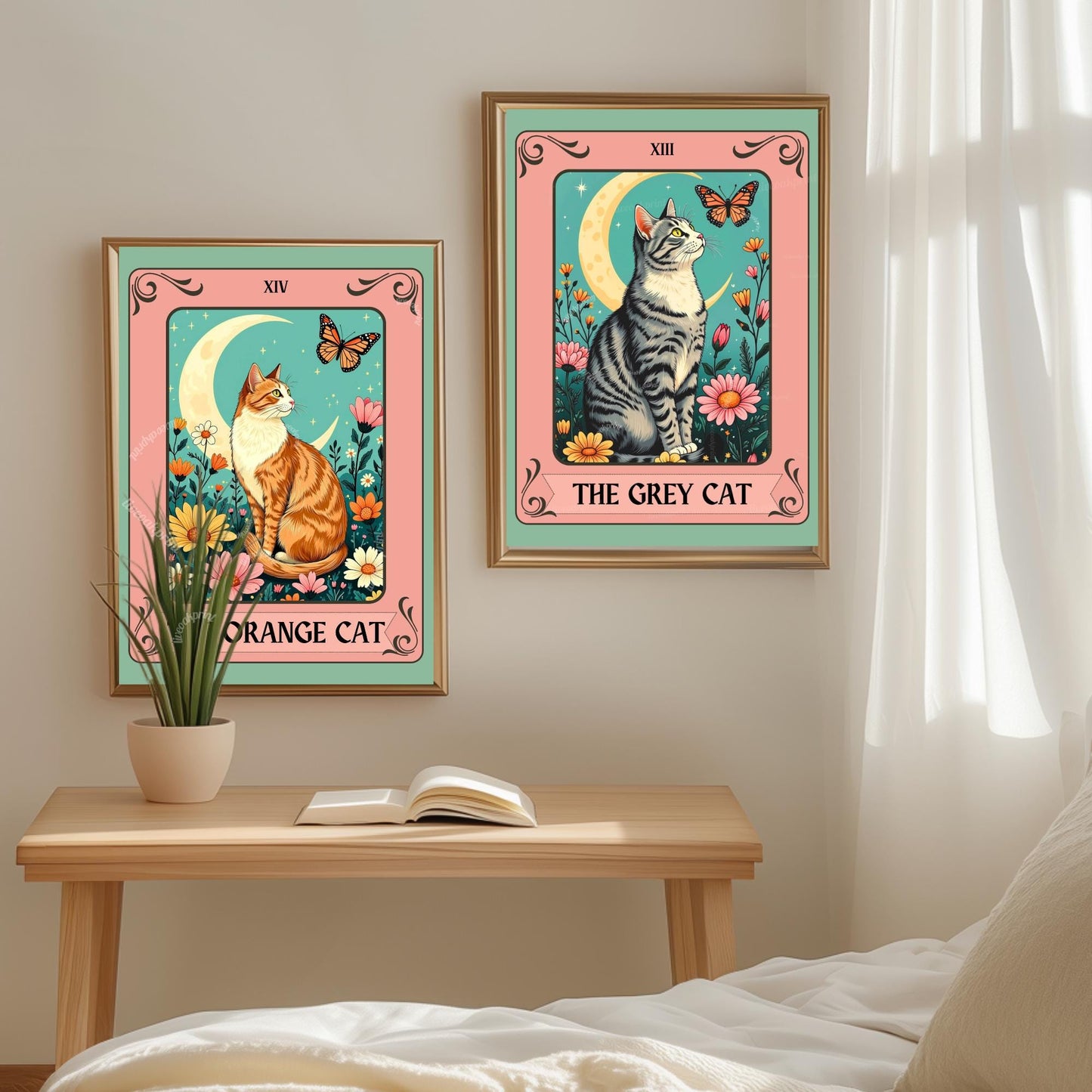 Orange Cat Art Print (Orange and White Version) – Ginger Cat Wall Decor Witchy Botanical Cat White and Orange Cat Marmaleade Cat Gift