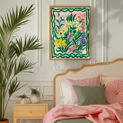Green Funky Flowers Art Print: Pastel Maximalist Wall Decor For Bedroom Living Room