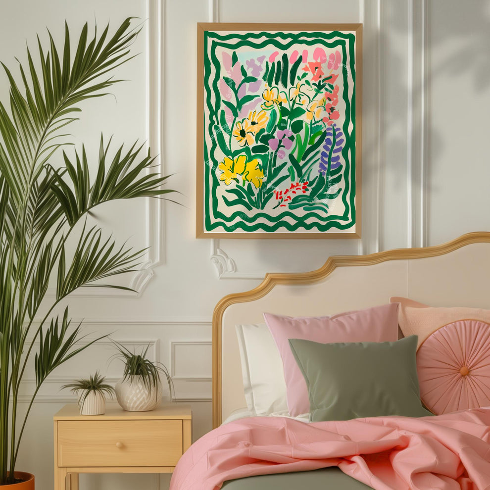 Green Funky Flowers Art Print: Pastel Maximalist Wall Decor For Bedroom Living Room