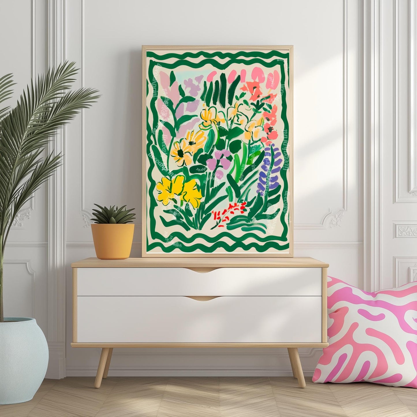 Green Funky Flowers Art Print: Pastel Maximalist Wall Decor For Bedroom Living Room