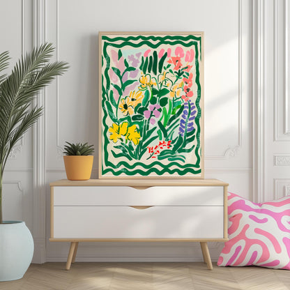 Green Funky Flowers Art Print: Pastel Maximalist Wall Decor For Bedroom Living Room