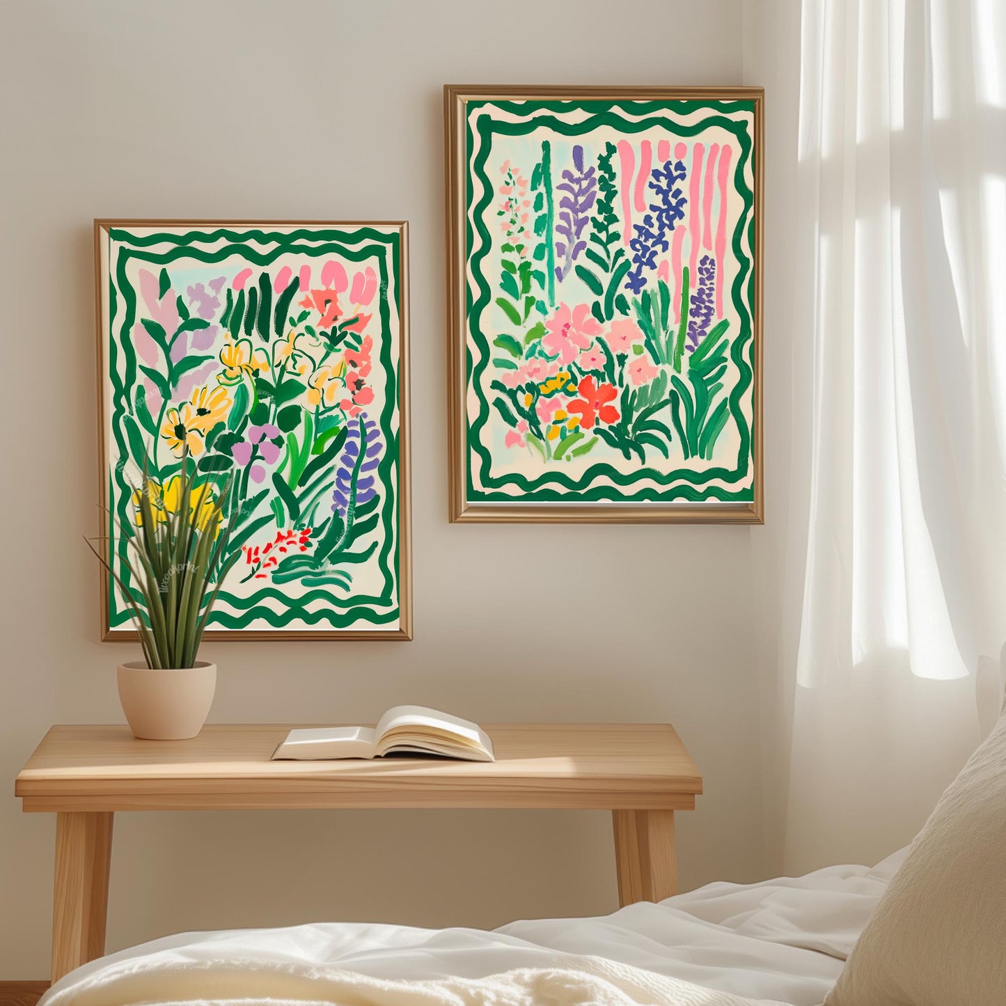 Green Funky Flowers Art Print: Pastel Maximalist Wall Decor For Bedroom Living Room